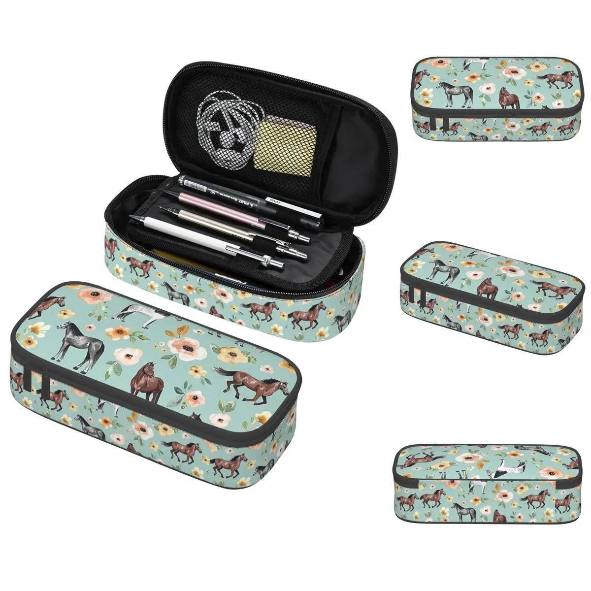 Horses With Flowers Sunrise Floral Blue Pencil Cases Large Storage Pen Bags Pen Box Pencil Pouch For Boys Girls Students