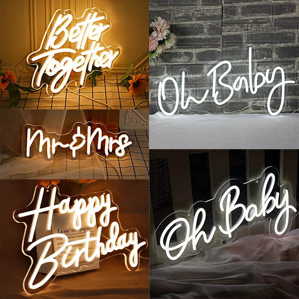 Led Neon Sign Happy Birthday Neon Sign Transparent Flexible Acrylic Night Light Oh Baby Wedding Party Room Decoration custom dropshipping wall mounted customized neon sign waterproof rgb flexible silicon led neon sign light for holiday party de