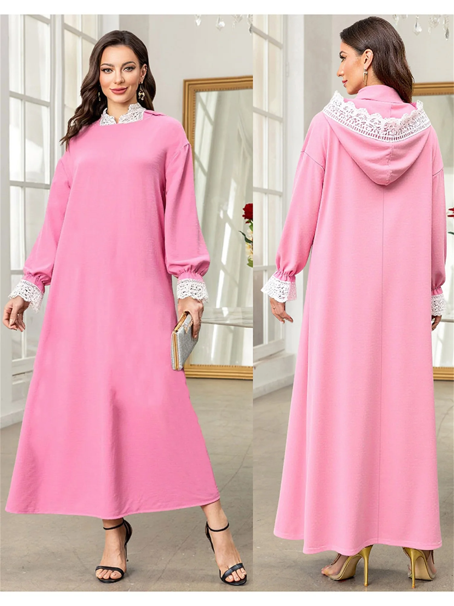 Elegant Mu Women s Abaya Dress with Hijab and Lace Patchwork Long Sleeve Islamic Prayer Robe Arabic Casual Dress for Women