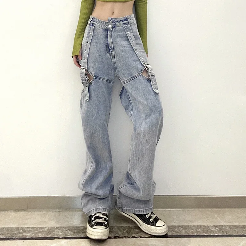 

Fall 2023 New Women's Solid Color High Waist Loose Casual Hole Hollow Casual Denim Wide Leg Pants Fashionable Streetwear