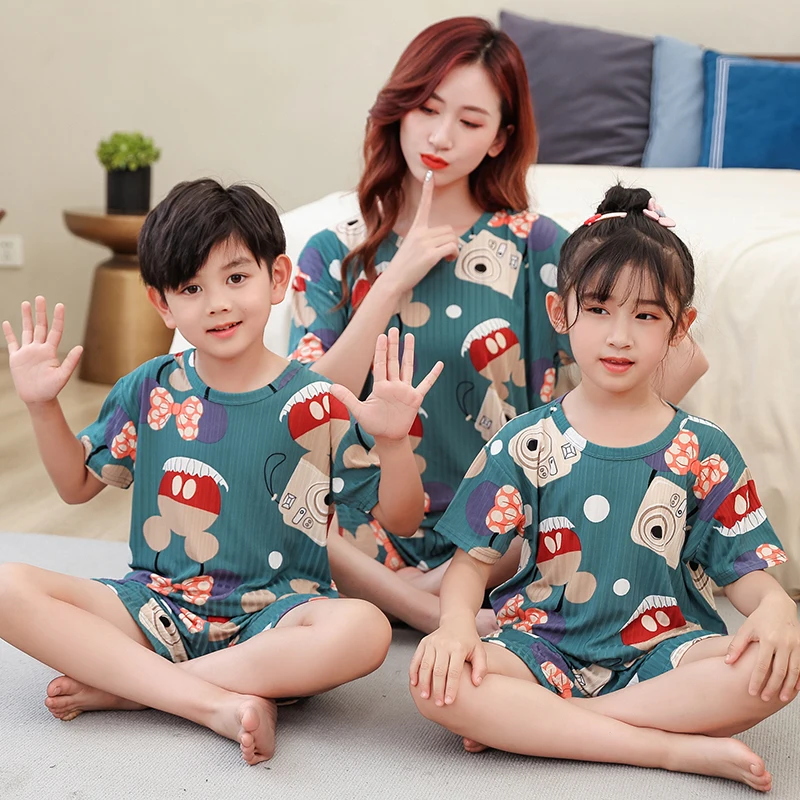 Conjunto de pijamas neutros fofos para meninos e meninas, homewear bonito infantil, manga curta fina infantil, verão, pai, criança, 2 peças