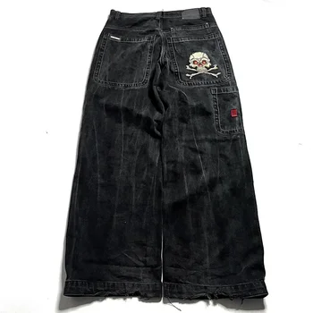JNCO Jeans New Harajuku Hip Hop Retro Skull Graphic Embroidered Baggy Jeans Denim Pants Men Women Goth High Waist Wide Trousers