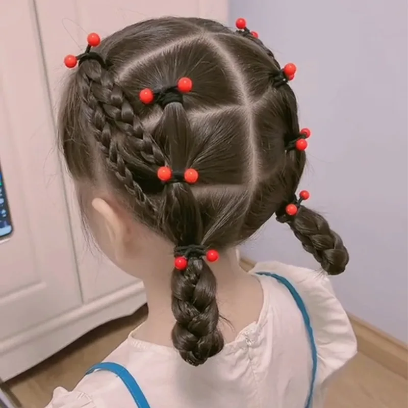 Vibrant Red Bean Hair Bands for Kids - Fashionable Elastic Hair Ties Set