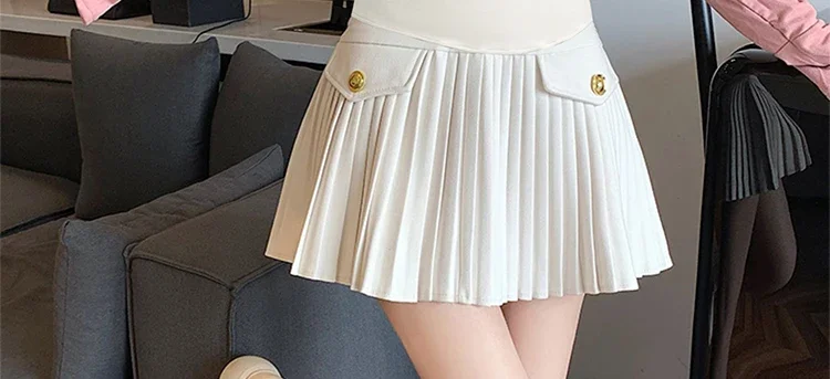 Spring Autumn Maternity Pleated Skirts Office Lady Elegant Suits Skirts with Buttons Short Pregnant Woman Mini Skirt with Lining