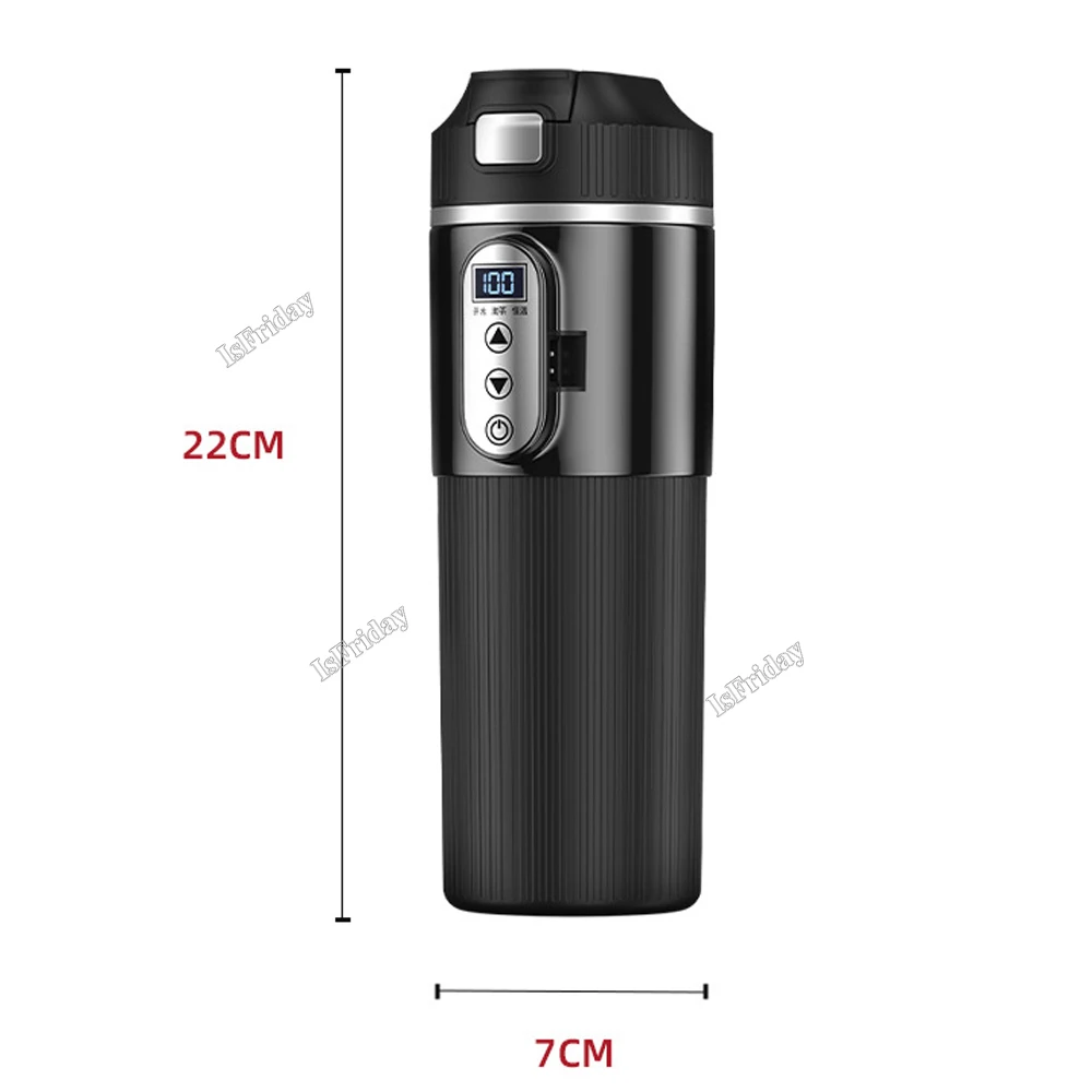 Car Heating Cup 12V/24V Car Heating Cup Digital LCD Display Electric Kettle Smart Temp Control Heat100&deg;C Portable Car Heating Cup500ML Thermos Cup