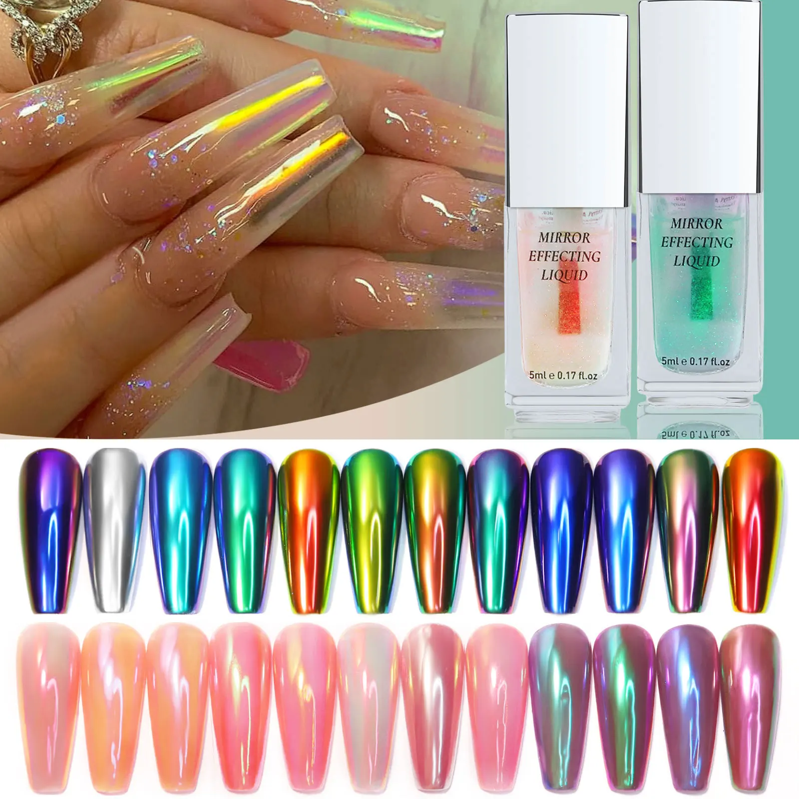 Liquid Magic Mirror Powder Aurora Metallic Mirror Effect Nail Gel Polish Manicure Semi Permanent Nail Art Glitter Pigment