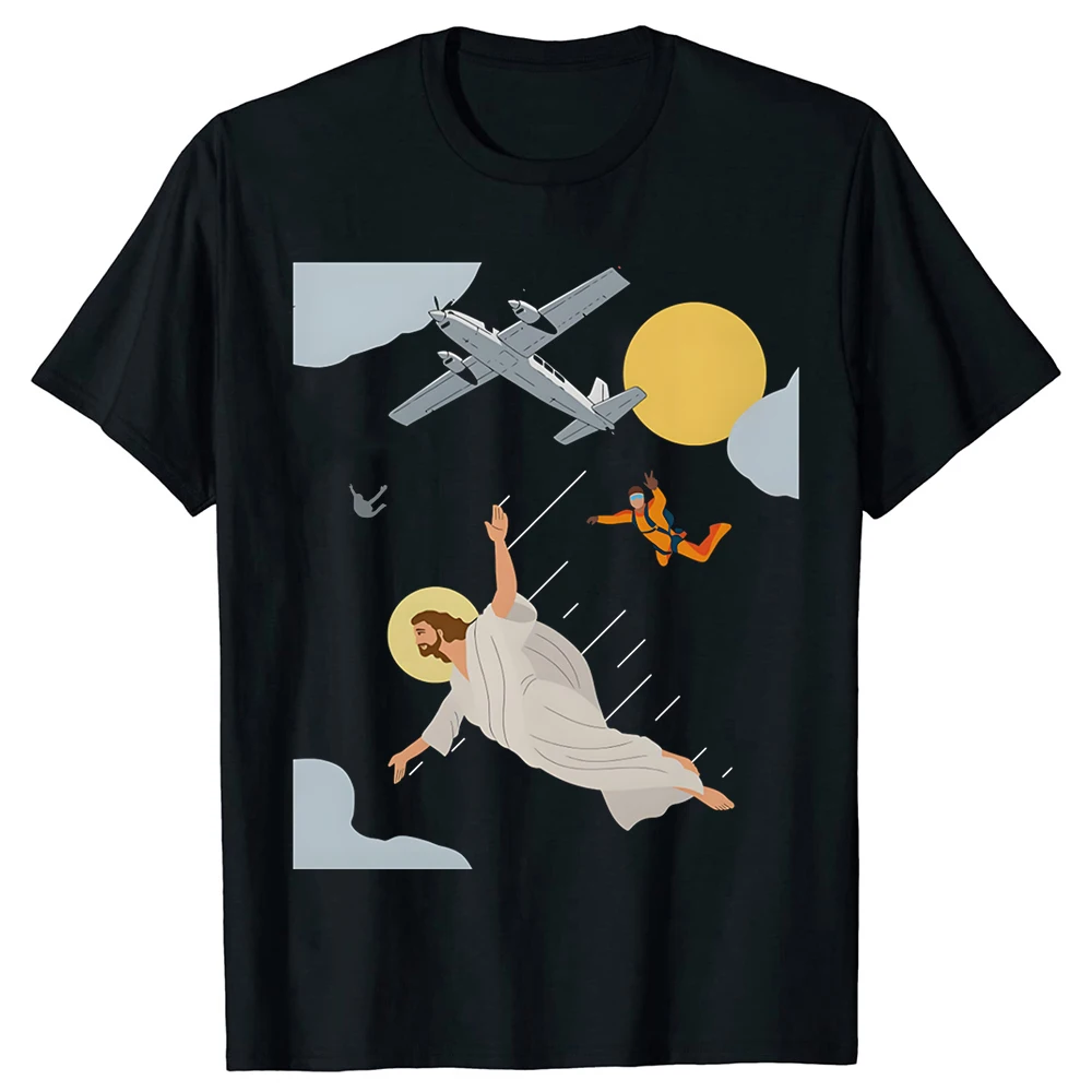Lustiges Skydive Jesus Parachute Skydiving T-Shirt Sommer Herren Mode T-Shirts Baumwolle Kurzarm Übergroßes lockeres T-Shirt Tops