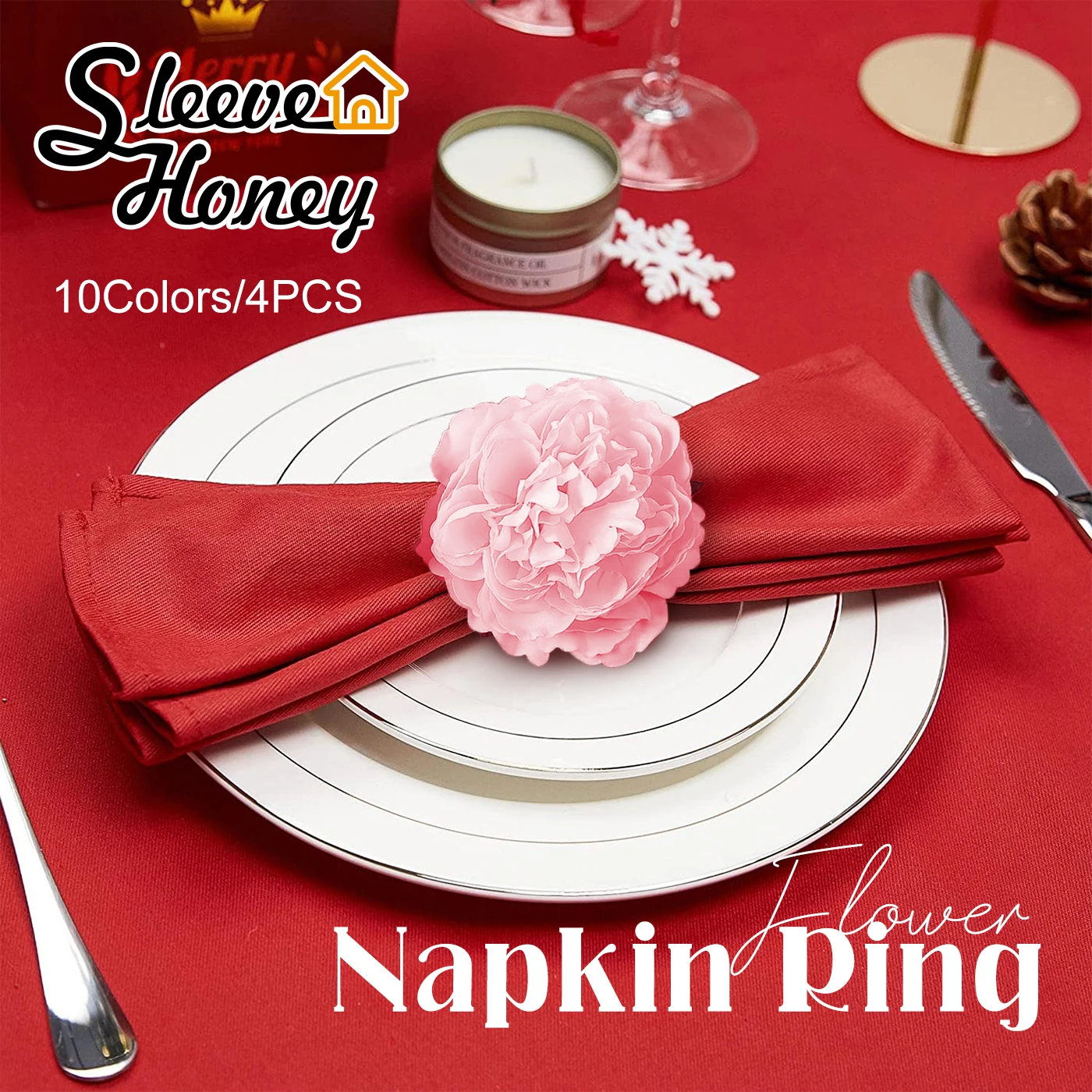 

4Pcs Napkin Rings Peony Flower Kitchen Dining Table Setting Wedding Party Kids Family Gathering Decor Silk Napkin Buckle Holders