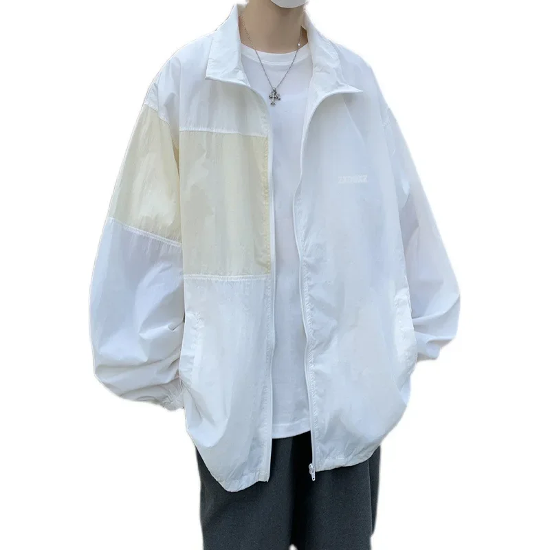 Summer Japanese Cityboy patchwork contrasting sunscreen jacket for men with stand up collar, thin, loose, breathable,
