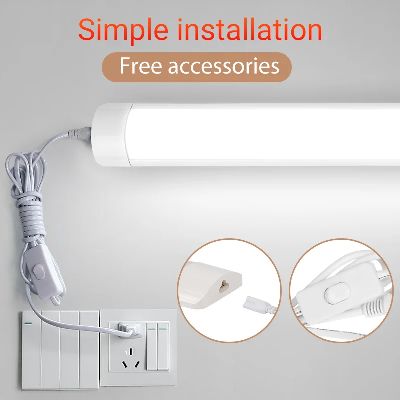 Led Tube Light With Switch Wire 110V 220V 10W 20W Lighting Strip Lamps 30/50cm For  Living Room Bedroom Closet Kitchen Lamp