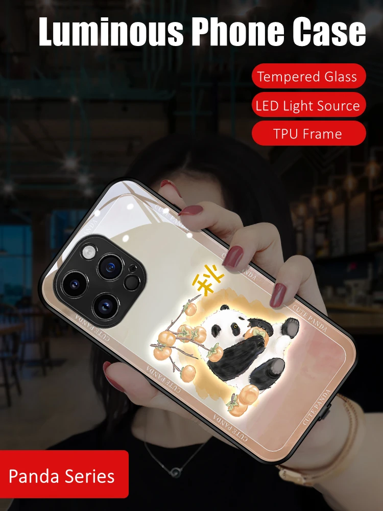 

Couples Cute Panda LED Light Glowing Luminous Tempered Glass Phone Case for OPPO Reno 4 5 6 7 8 9 Find X5 Realme X50 Pro Plus SE