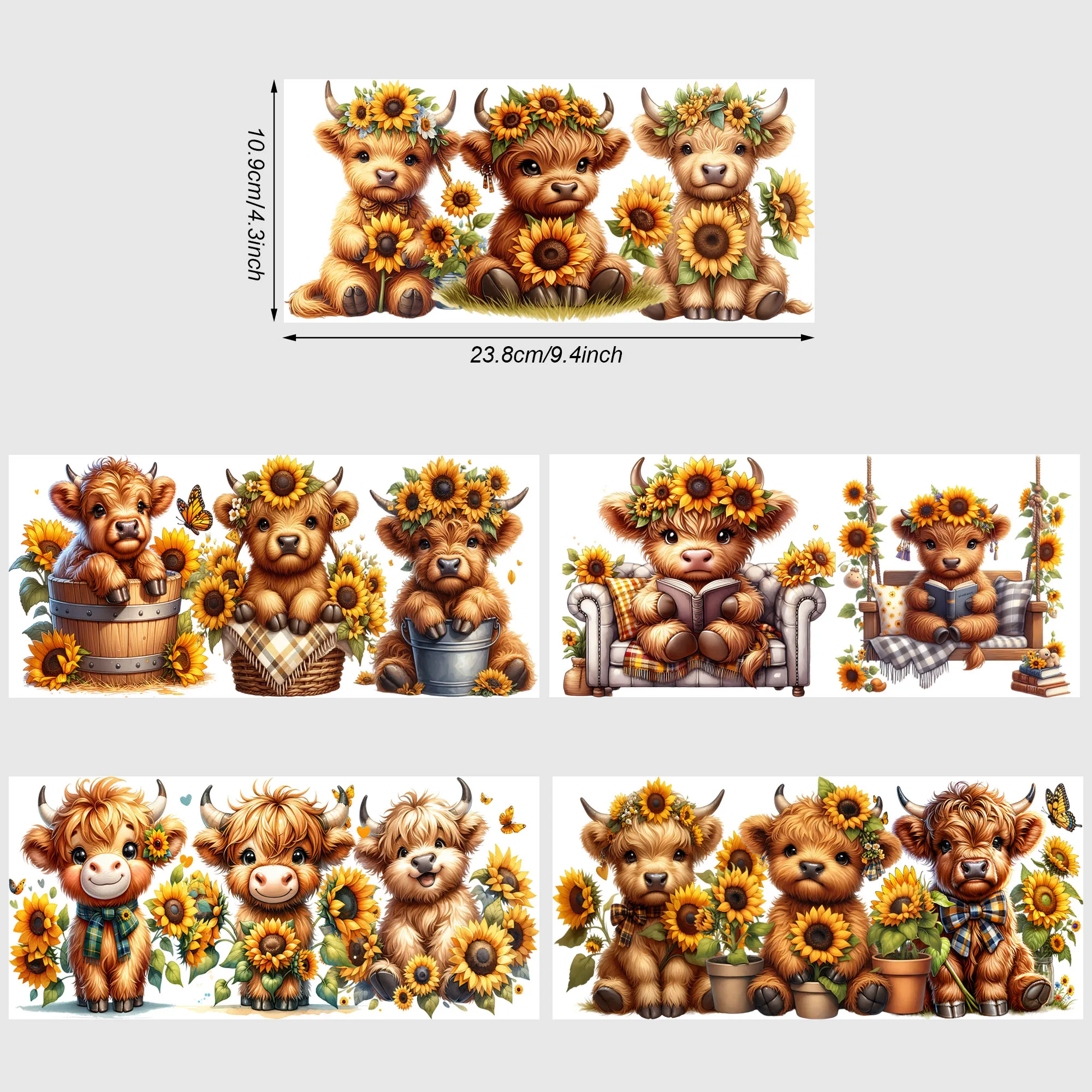 5 Sheets Cow Sunflower UV DTF Cup Stickers Glass Movement DTF Transfer Stickers Waterproof Wipe-On Transfers sticker cups,uv dtf wrap transfer