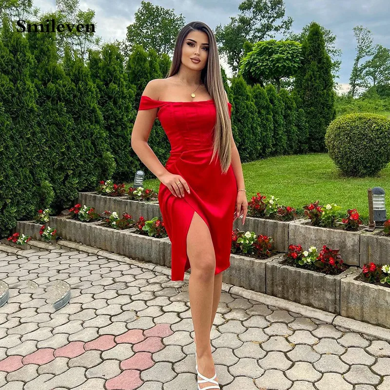 

Короткие вечерние платья Smileven, красные платья с открытыми плечами для выпускного вечера, длиной до колен, с Боковым Разрезом, длинное официальное платье для вечеринки, 2022