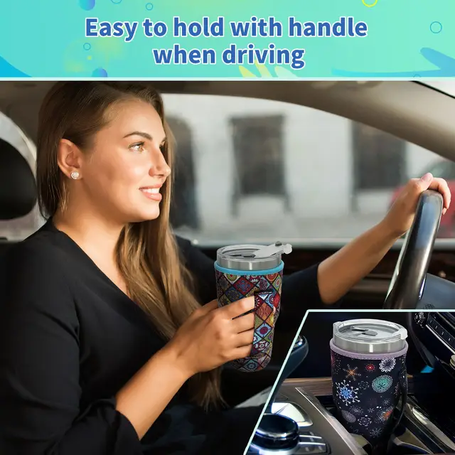 Reusable Iced Coffee Cup Sleeve - Neoprene Drink Holder For Cold & Hot Beverages With Handle (Pink Bow Design)