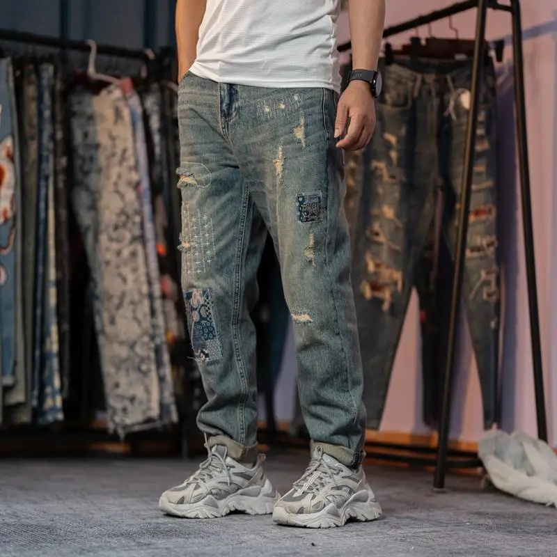 Men's Trendy American High Street Ripped Scraped Patch Patch Cloth Straight-leg Casual Jeans Trousers