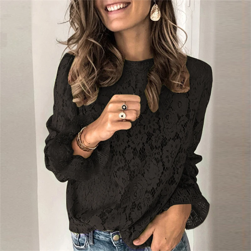 

Summer Spring and O-neck Floral Lace Top Women's Elegant Trumpet Long-sleeved T-shirt Sexy Women's Hollow Mesh Top Graphic Tee