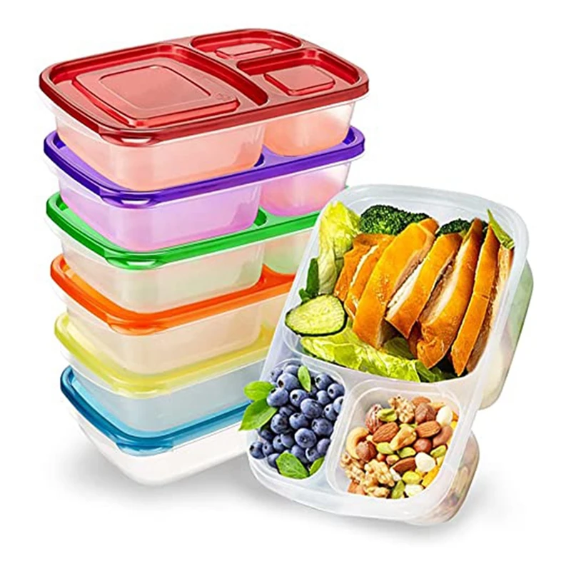 

7 Pack Bento Lunch Boxes - Reusable 3 Compartment Meal Prep Containers - Leakproof Lunch Container With Lids For School