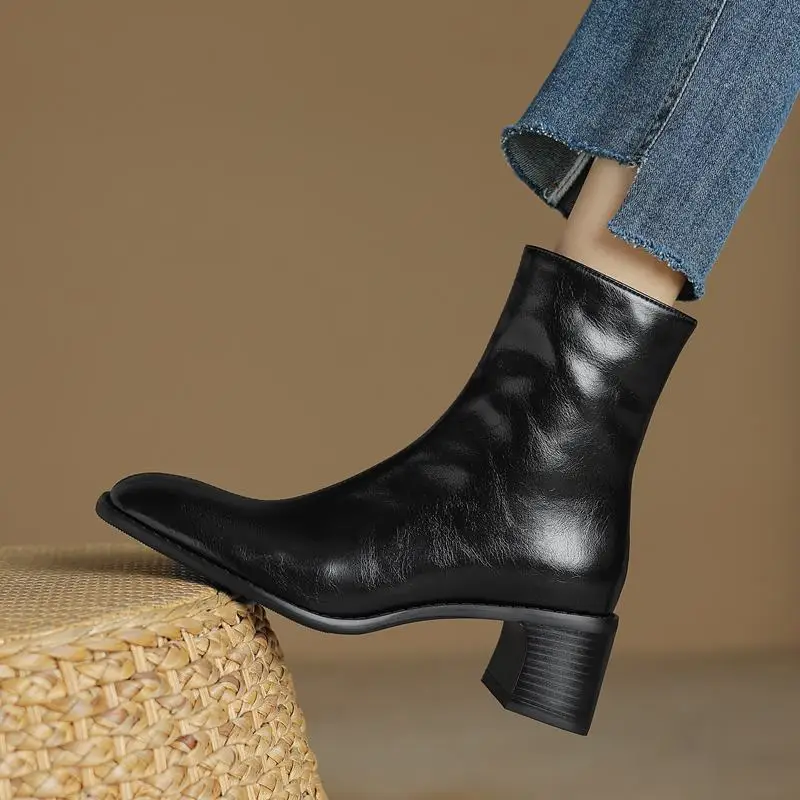 

Size 34-42 Natural Genuine Leather Thick Heel Women Boots Autumn Winter Shoes Fashion Comfortable Woman Ankle Boots Easy To Walk