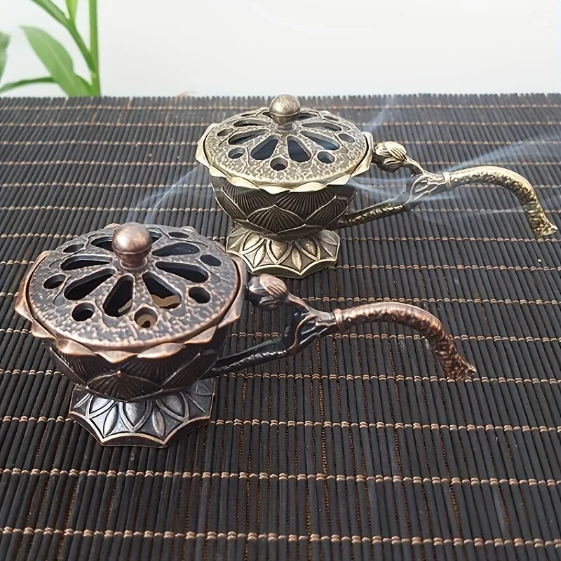 

1pc Lotus Alloy Metal Incense Burner, Hand-held Incense Burner, Incense Holder For Stick/Cone/Small Coil Incense With Ash Catche