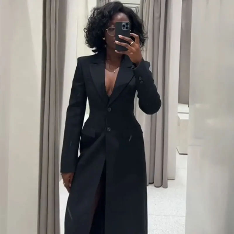 Vintage Lapel Black Long Overcoat Women Slim High Waist Full Sleeve Single Breasted Shoulder Pad Coat New Spring Commute Outwear