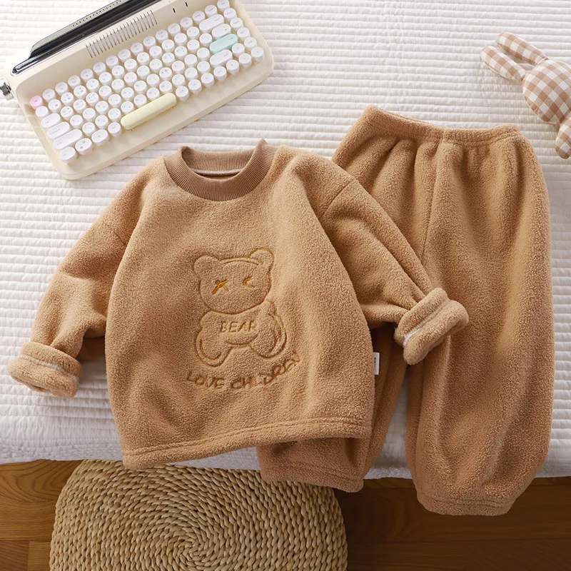 thumbnail image 1 of Winter Flannel Kids Sets Solid Warm Children Pajamas Sets Homewear Two-piece Set  for Baby Boys Girls Kids Boutique Clothes, 1 of 6