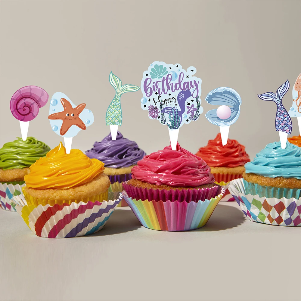 58-Piece Mermaid Birthday Party Decoration Kit - Happy Birthday Banner, Swirls, Cupcake Toppers & Cake Borders - View #5