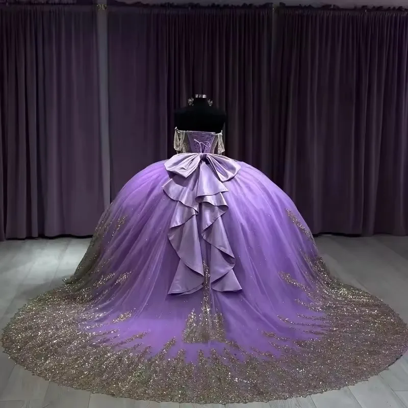ANGELSBRIDEP Glittering Lavender Quinceanera Dresses Bow Beading Gold Lace Crystal Birthday Party Princess Vestidos De 15 Anos