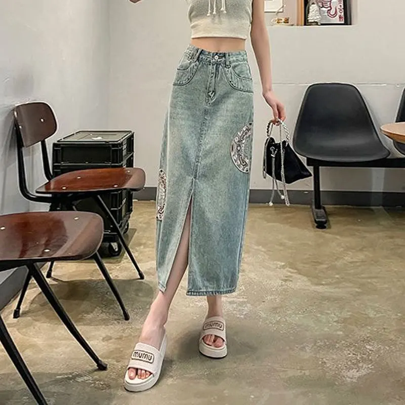 Chinese Style Embroidery Midi Skirts Vintage A-Line 2024 Summer Fashion Split Women's Clothing High Waist Pockets Spliced Skirts