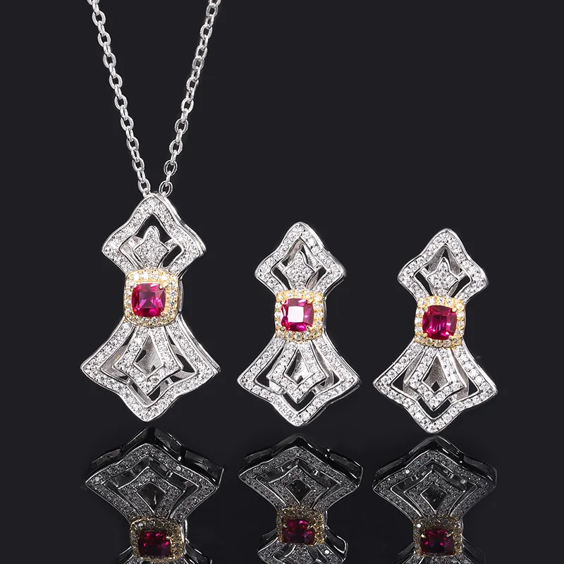 

925 Sterling Silver Sparkling Cubic Zircon Lab Created Ruby Luxury Jewelry Set Pendant Necklace Earrings For Women Free Shipping