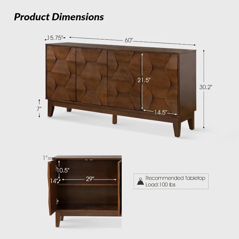 Mid Century Sideboard Buffet Cabinet with Solid Wood Legs, 60" Kitchen Storage Cabinet Credenza ,living room cabinets
