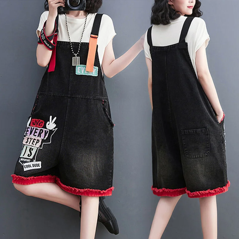 Women\'s Denim Strap Playsuits 2023 Summer New Plus Size Clothing Cover Belly Wide Leg Pants Fashion Jumpsuit Shorts Ladies Jeans