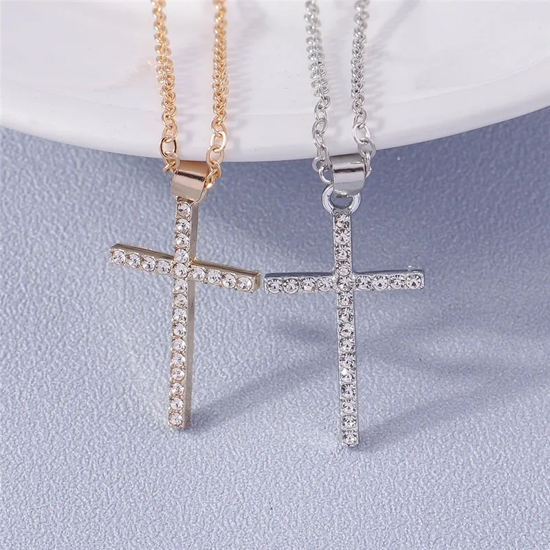 FashionCrossNecklaceforWomenMenGoldSilverColorDazzlingCrystal