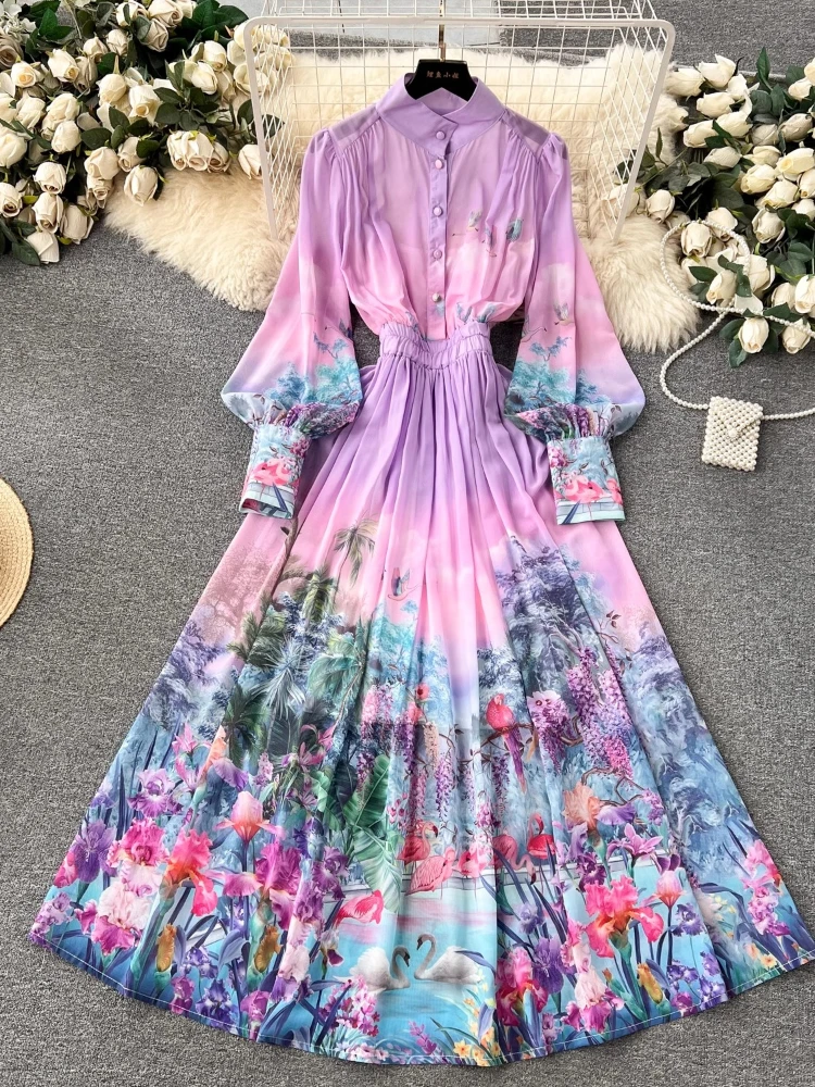 Women Vintage Purple Long Dress Long Sleeve Slim A-line