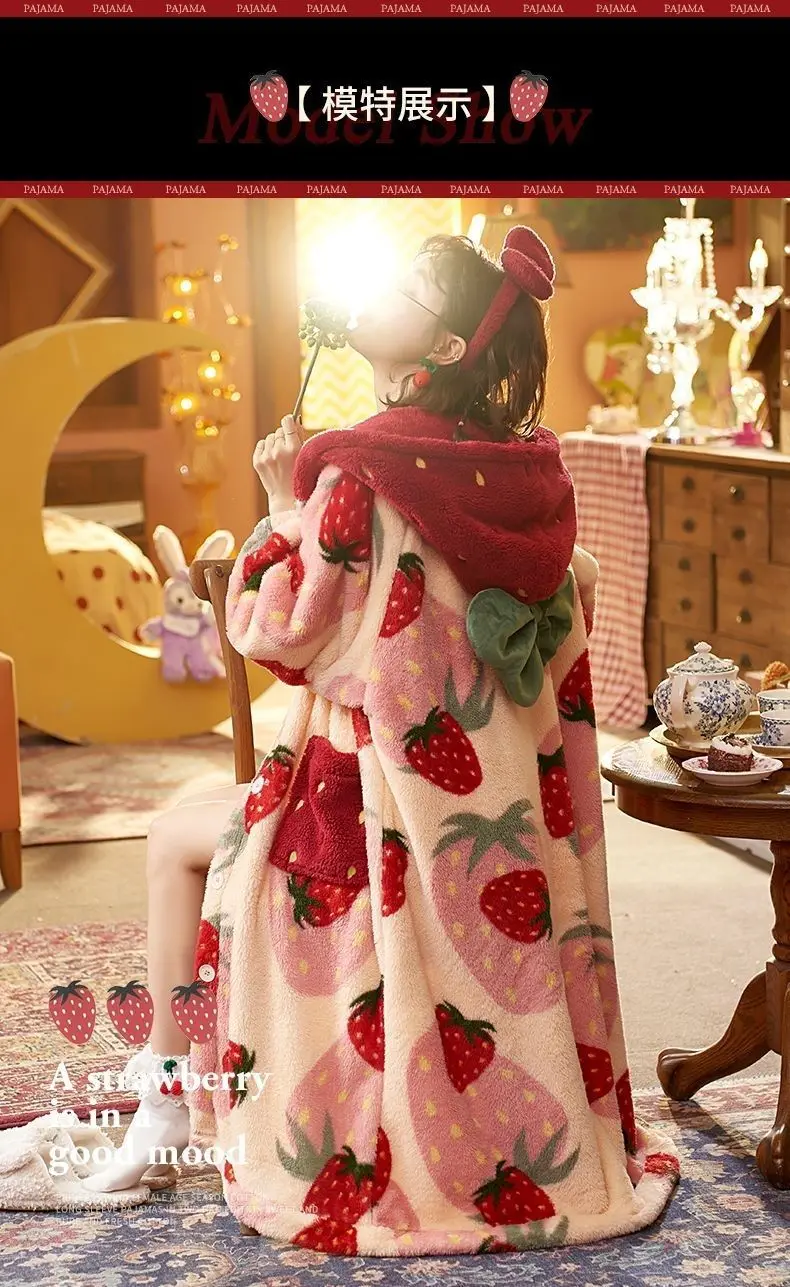 Winter Pajamas For Women Strawberry Cartoon Hooded Long Robe Jacket Cute Home Wear Sleepwear Kawaii Flannel Warm Comfy Bathrobe
