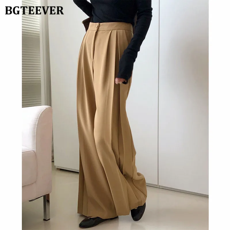 

BGTEEVER Elegant Chic Ladies High Waist Single Button Wide Leg Trousers 2023 Spring Summer Loose Female Floor-Length Suit Pants