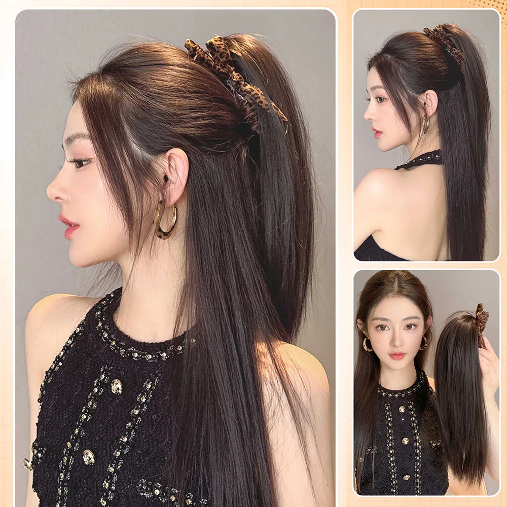 OLACARE 16인치 짧은 직모 합성 헤어, 레오파드 프린트 리본 헤어 클립, 하프업 하이 포니테일 가발, 여성용 데일리 웨어
