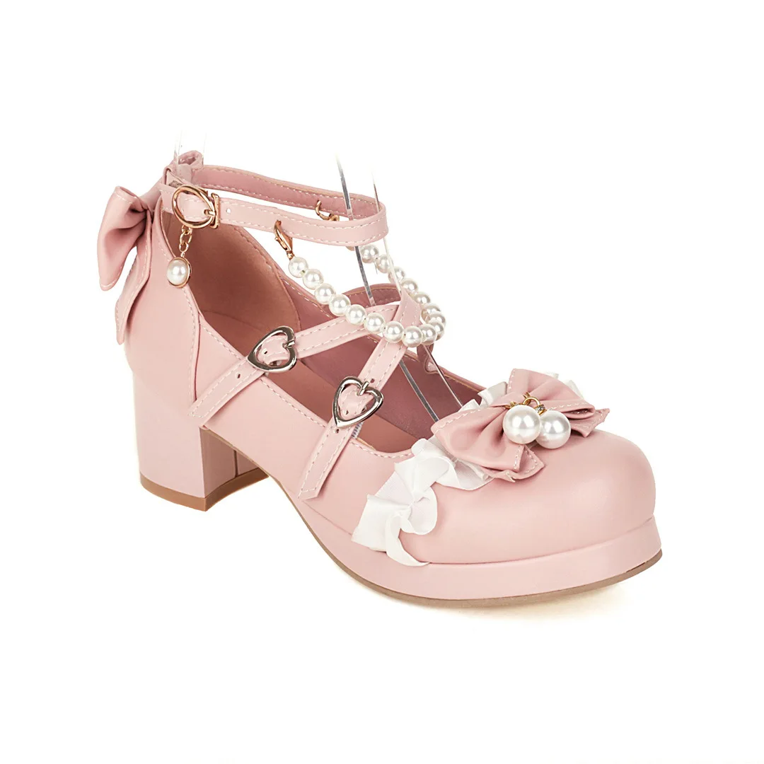 

Sweet Bow Buckle Strap Girls Mary Jane Shoes Woman High Heel Platform Pumps Women Pink Lolita Ladies Colsplay Party Shoes 30-43
