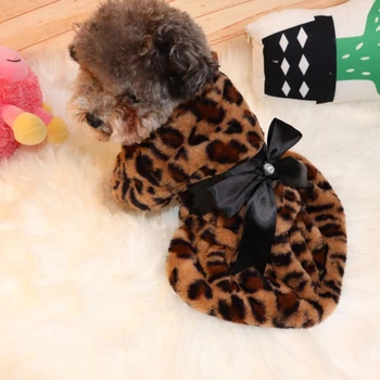 Autumn Winter Pet Dog Clothes Plush Coat Leopard Print Dress for Small Dog Cat Jacket Faux Fluffy Bowknot Skirt Bulldog Pug Pood 2