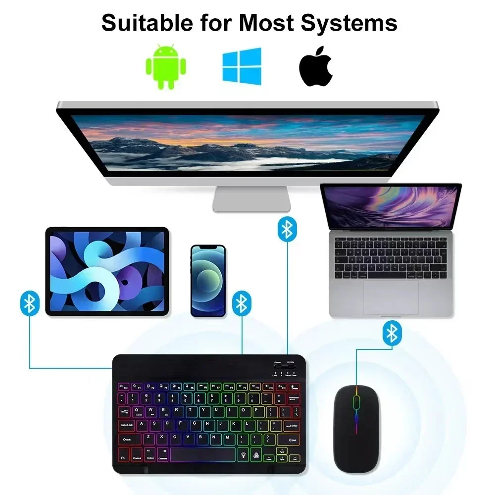 Hebrew/Russian/Spanish/Portuguese/Korean RGB Backlight Bluetooth Keyboard For IOS Android Windows iPad  Samsung Tablet Laptop 5