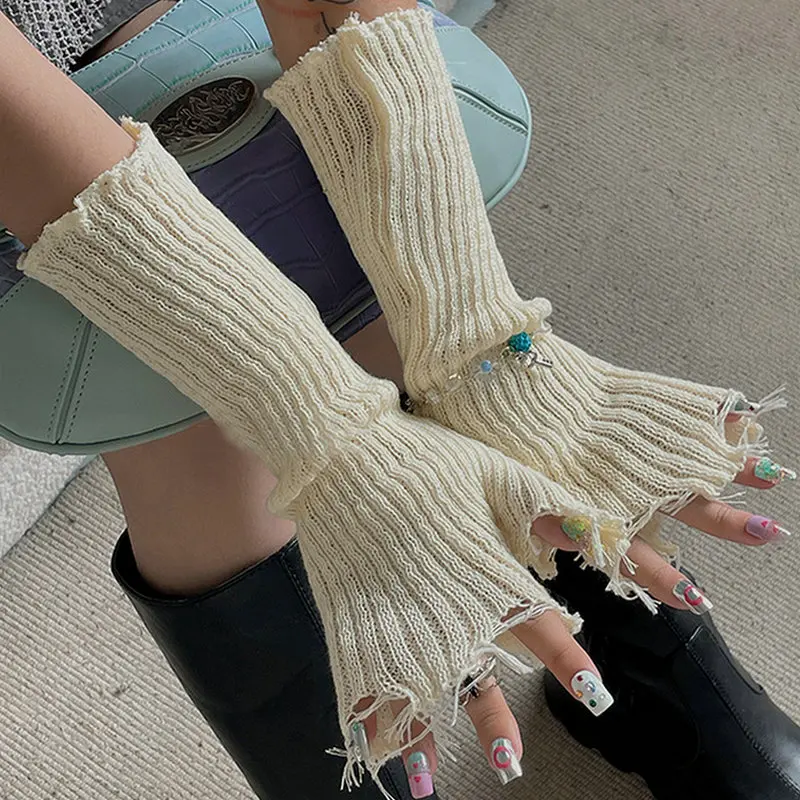 

Unisex Gloves Knitted Ripped Oversleeves Men Women Warm Arm Sleeve Tattered Punk Fingerless Cuff Glove Elbow Mittens Arm Warmer