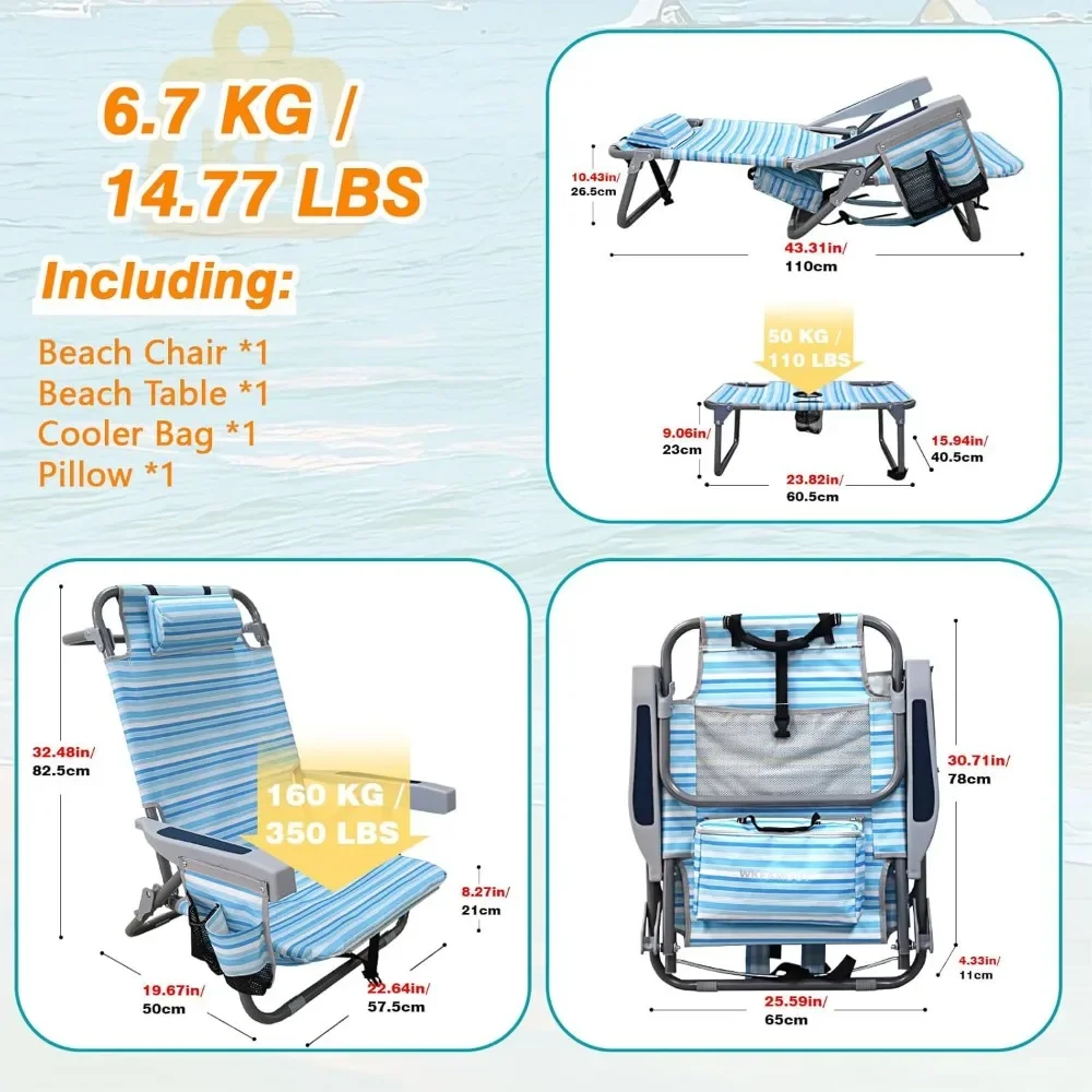 Backpack Folding Beach Chairs Set of 2 for Adults Heavy Duty 350Ibs with Camping Table Portable Lay Flat Beach Chair 3