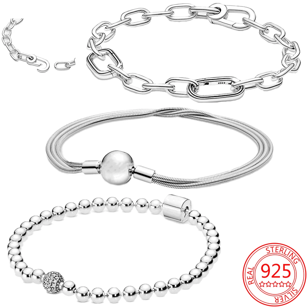 

Romantic 925 Sterling Silver Beaded and Pavé Bracelet Fashion Brand Bucket Clasp Bracelet Valentine's Day Basic Bracelet Gift