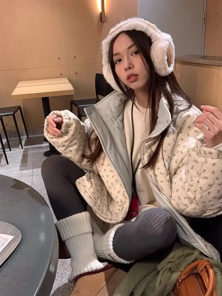 

Korean style floral double-sided rhombus embroidered cotton coat 2024 American autumn winter new style loose warm jacket chic
