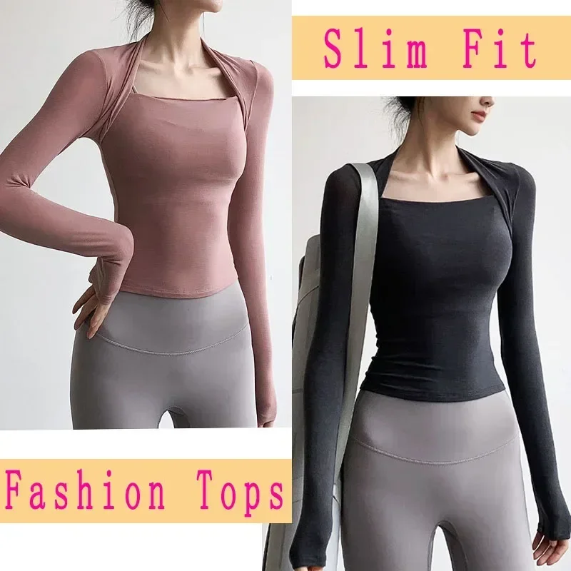 Square Neck Slim Fit Quick Drying High Elastic Lightweight Women Long Sleeves T-shirt Fitness Dance Yoga Pilates Tops