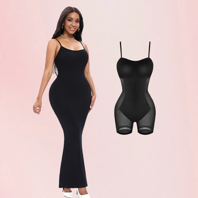 Women Built In Shapewear Bra Waist Cinched Butt Lifter Sleeveless Slip Long Dress Body Shaper 1
