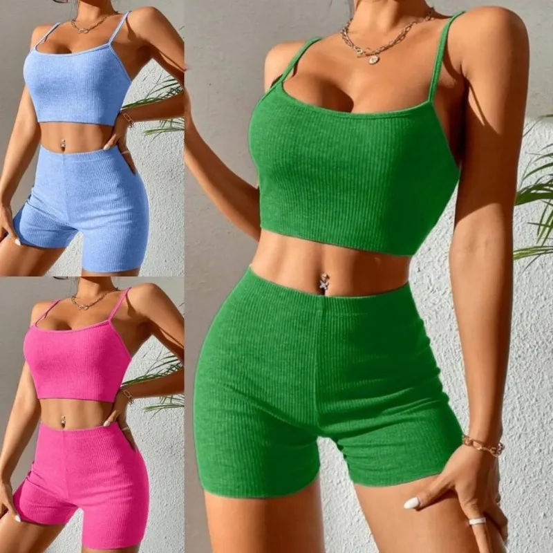 2023 Women Tracksuit Crop Tops+Elastic Bike Shorts Sporty Matching Suits Casual Female OutfitSolid Asymmetrical Two Piece Sets