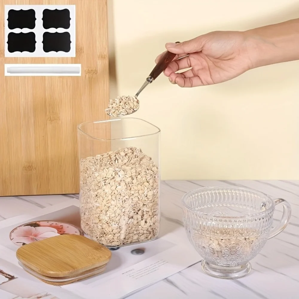 420ml Square Glass Food Storage Tank Kitchen Seasoning Tank 2/4/6-Piece Food Container Set Sealed Bamboo Wood Cover Waterproof Sticker Pen Suitable Pasta Biscuits Nuts Coffee Beans Cereals Bpa Not Included