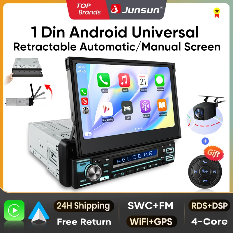 Junsun 7 "Tela táctil IPS retráctil automática Universal 1 Din inalámbrico CarPlay Android Auto Radio estéreo para coche navegación GPS 1