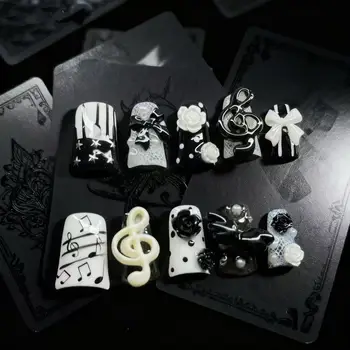 10pcs Handmade Gothic Press on Nails Punk Dark 3D Musical Note Design False Nails Fashion Duckbilled French Fake Nail Tips 1