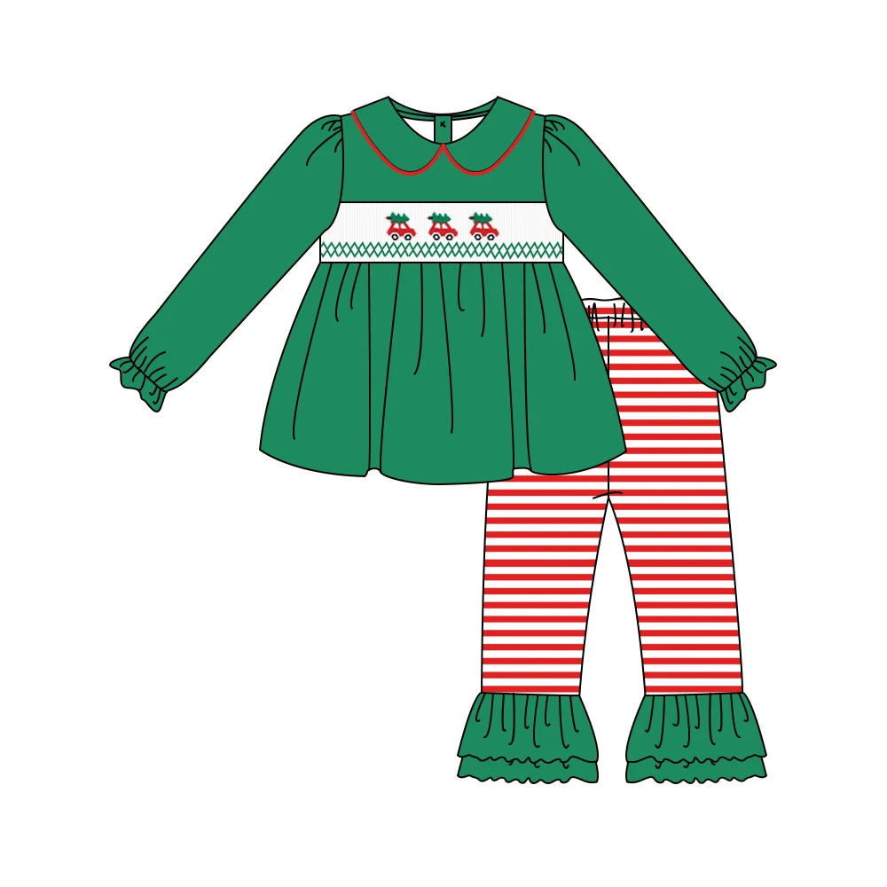 

Christmas Smcking Clothes Kids Set Smocked Santa Tree and Truck Baby Outfits Girls Round Collar Long Pants Boutique